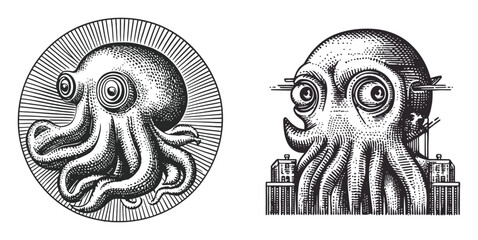 Vintage Style Vector Illustration of an Octopus with Retro Design Elements