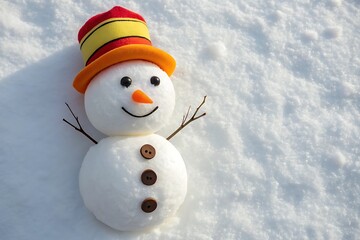 Fototapeta premium Adorable snowman in colorful hat on snowy ground
