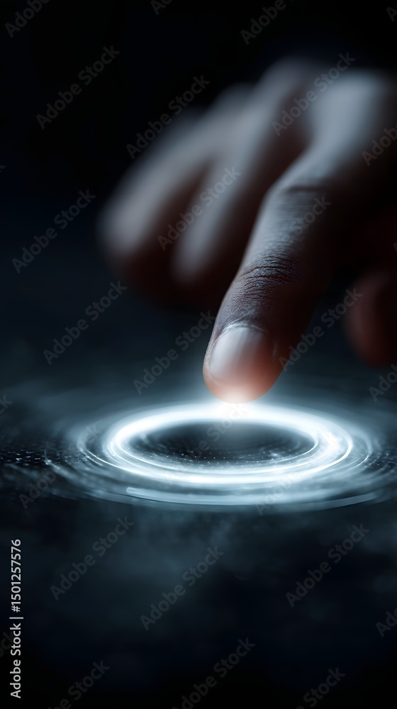 Wall mural glowing control ring appears around fingertips interacting with virtual ui