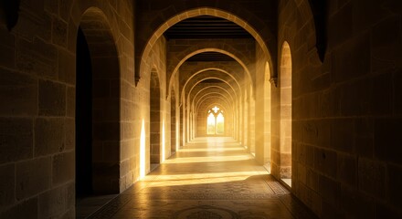 Stone Archway Hallway with Bright Light