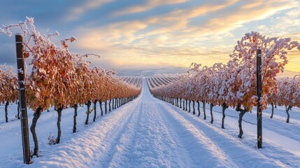 Pristine snow-covered vineyard at dawn, with rows of grapevines blanketed in frost, Generative AI