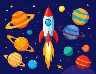Naklejka premium A rocket ascends amidst a dynamic galaxy abundant with swirling planets and stars.