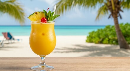 Yellow Tropical Cocktail on Beach Wooden Table
