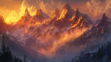 Panoramic mountain range with golden light, vibrant sunset and fog scene