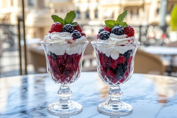 Two glasses of dessert with raspberries, blackberries, and whipped cream.