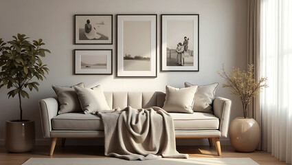 modern living room white with beige sofa and pampas grass scandinavian style cozy interior design