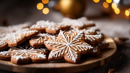 Homemade gingerbread cookies decorated with white icing in snowflake shapes served on wooden plate with festive background. - Powered by Adobe