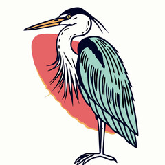 Elegant Heron Bird Illustration, Teal and Gray