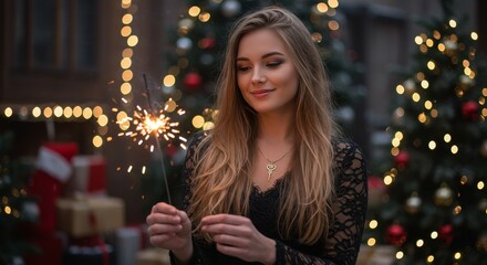 Photo A Young Woman Holding A Sparkler Smiling During Christmas Celebration