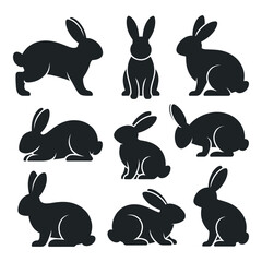 Nine Black Silhouettes of Rabbits in Various Poses for Easter Design Elements