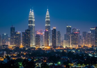 Obraz premium Photo City Skyline At Night With Illuminated Buildings And Sky View