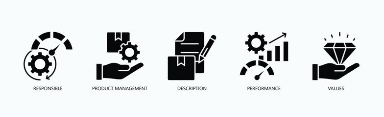 Product Integrity Icon Set Isolated Vector With Icon Of Responsible, Product Management, Description, Performance, Values In Glyph Style