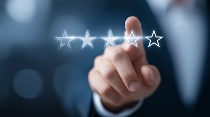 Fototapeta premium Man's finger is selecting a four star rating for a product or service highlighting feedback and customer experience with the illuminated star symbols against a blurred background