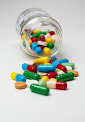 Photo Colorful Pills Spilling from Glass Bottle on White Background