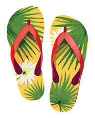 sunny yellow green palm leaf flip flops