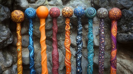 Row of ornate staffs, each uniquely designed with swirling patterns and round tops