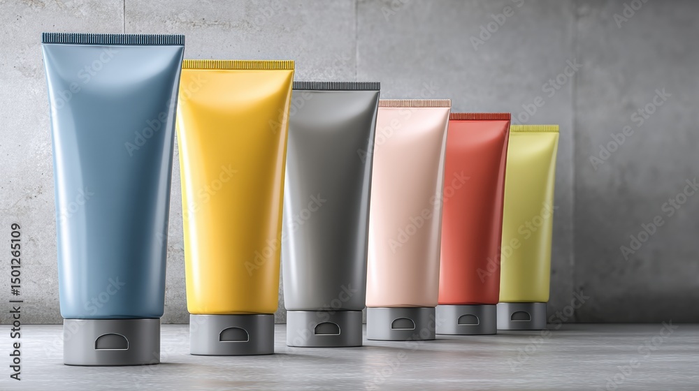 Aufkleber Modern Sealant Tubes Arranged on a Neutral Industrial Background in a Well-Lit Setting With Varied Colors and Designs for Practical Use