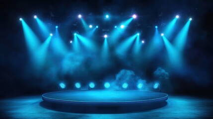 Blue stage lights, smoky arena, circular platform, concert backdrop, event promo