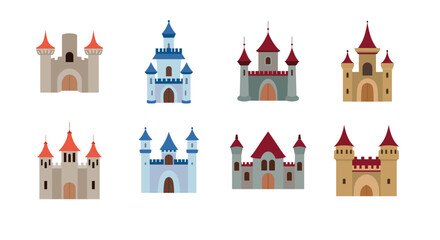 Fototapeta premium Medieval castle vector set. Castle clip art. Clip art castle. Cartoon fortress, citadel, princess tower. Flat design illustration