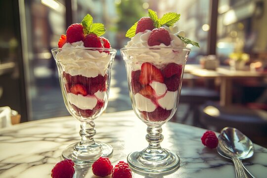 Two glasses of layered dessert with fresh berries and whipped cream.