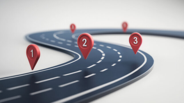 a business journey path illustrated with curved road and numbered pins, goal achievement and planning stages