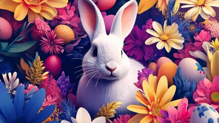 Vivid Easter scene with a white bunny in the center surrounded by flowers. Colorful and joyous celebration.