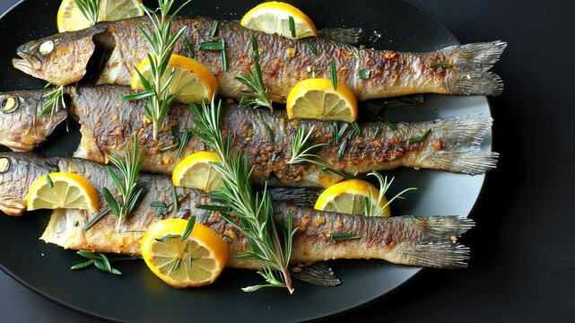 Grilled fish adorned with lemon slices and rosemary on a plate