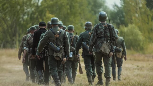 WWII German soldiers squad advance across open terrain. Reenactors wear Wehrmacht troops uniforms Third Reich army infantry march through grass field. World War II military reenactment show. Rear back