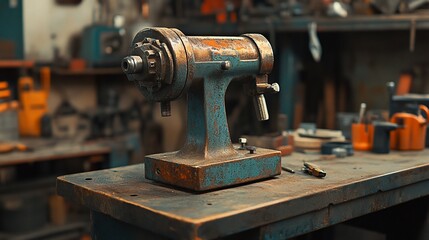 Close-up of a vintage metal lathe in a workshop, showcasing its aged texture