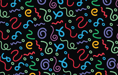 Memphis geometric seamless pattern. Abstract  multicolor background in retro 80s, 90s style with various shapes: circles, semicircles, dots, zigzags, spirals, wavy lines. 