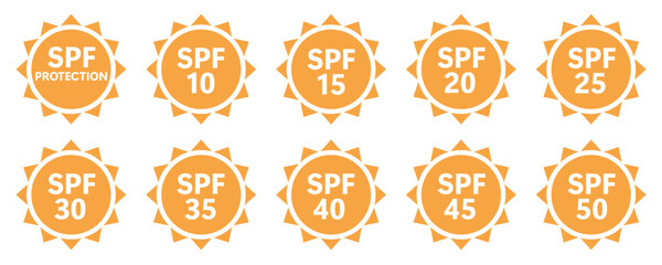 Sun protection icon set illustrating SPF 10+ to 50+ creams, lotion, oil, sprays. Skincare and ultraviolet ray safety symbols for beach health and summer care. Vector SPF levels icons