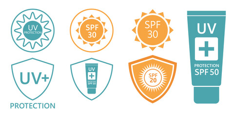 SPF Sun Protection Factor Icons Set, Various Designs for UV Protection Levels, Summer Safety/ Skin care. SPF sun resistant. Sun UV level. Isolated Vector Illustration. EPS10