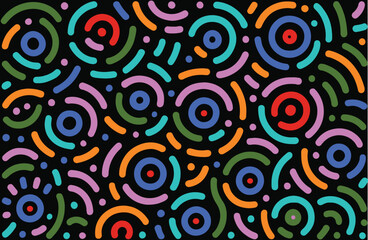 Memphis geometric seamless pattern. Abstract  multicolor background in retro 80s, 90s style with various shapes: circles, semicircles, dots, zigzags, spirals, wavy lines. 