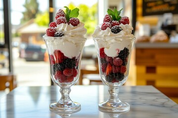 Two glasses of dessert with whipped cream and mixed berries.