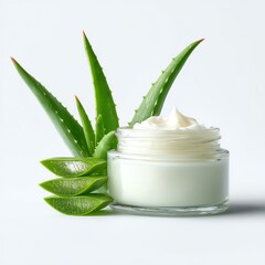Photo-realistic close-up of aloe vera cream Natural aloe vera cream in glass jar, showcasing its moisturizing properties with fresh aloe leaves for skin care enthusiasts.