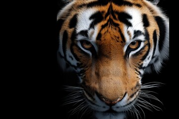 Fototapeta premium Tiger portrait over the black background with copy space. Generative Ai