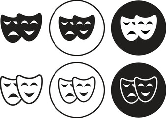 Comedy and tragedy mask for theatre performing arts Icons set, Happy and sad face masks flat and line vector illustration.