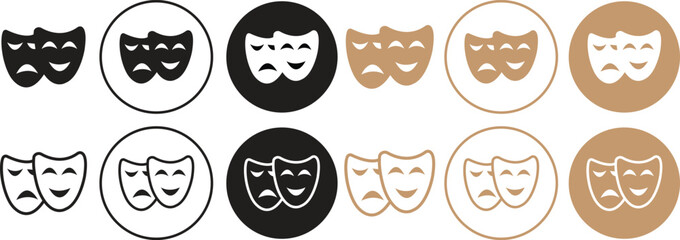 Comedy and tragedy mask for theatre performing arts Icons set, Happy and sad face masks flat and line vector illustration.