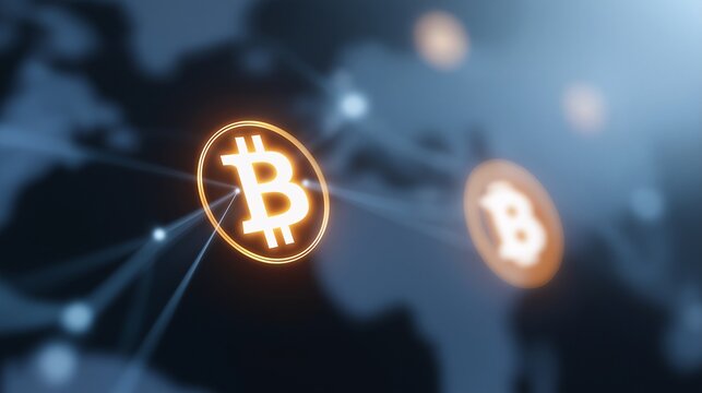 Blockchain Technology is represented by a Bitcoin Gold Coin It shows the future of Cryptocurrency and global digital finance with a background world map and connecting network