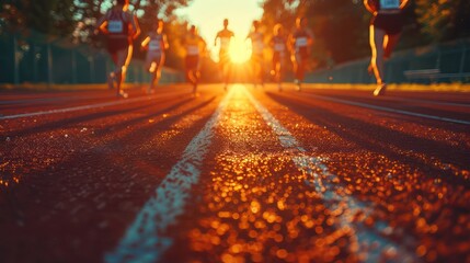 Focus on the track surface // blurred image of a group of runners training on the field.