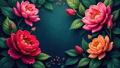 Intricate woven blooms, rich hues, lush leaves , colorful, pattern, illustration