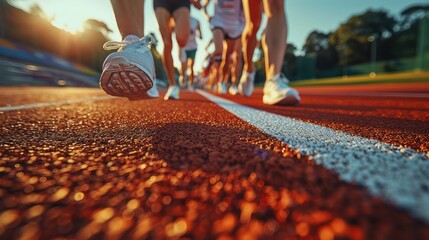 Focus on the feet of a group of runners training for race readiness // concept: healthy lifestyle.