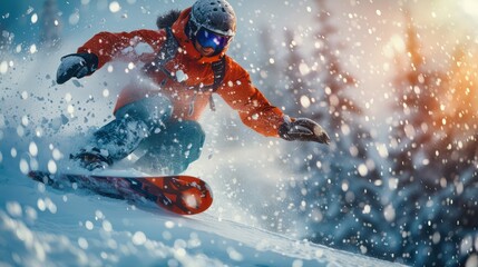 A snowboarder flies above the snow, smiling with excitement, fully immersed in the thrill of the ride.