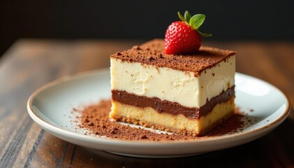 A single serving of tiramisu, dusted with cocoa powder , pastry, creamy