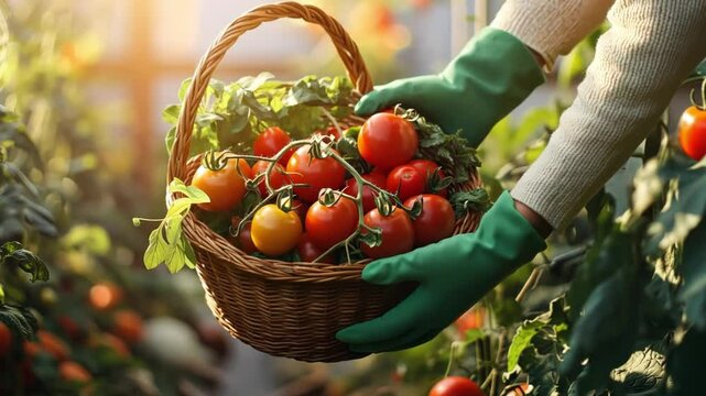 Harvesting ripe tomatoes in a sunlit garden: abundant crop collection in progress