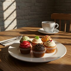 Colorful Cupcakes on a Plate with a Coffee Cup