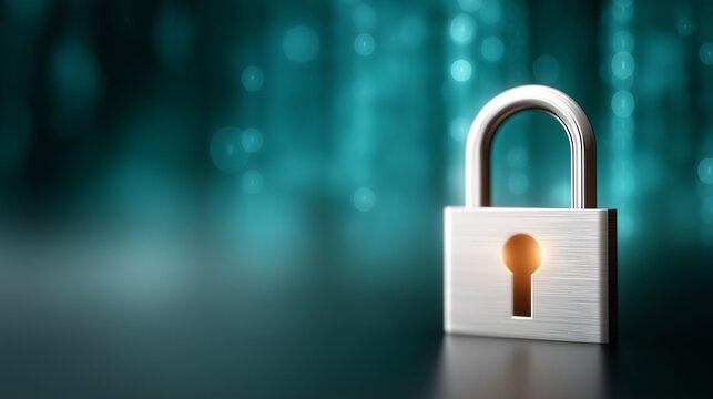 Metallic padlock shines against a background of teal bokeh lights and dark surface suggesting digital security and strong cyber protection for personal data - Powered by Adobe