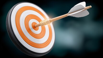 An orange and white target demonstrates archery success with an arrow hitting the bullseye on a dark background The arrow represents accuracy and achieving your goals in business