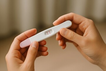 Positive pregnancy test held in female hands, indicating two clear pink lines. Expecting motherhood. Positive home pregnancy test with two lines. Pregnancy. Motherhood. Maternity. Baby announcement.