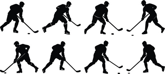 Obraz premium Hockey playing silhouette set. Collection of hockey sports vector on transparent background 